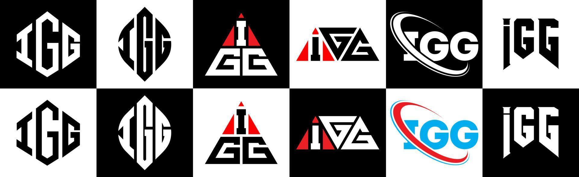 diseño de logotipo de letra igg en seis estilos. polígono igg, círculo, triángulo, hexágono, estilo plano y simple con logotipo de letra de variación de color blanco y negro en una mesa de trabajo. logotipo minimalista y clásico de igg vector