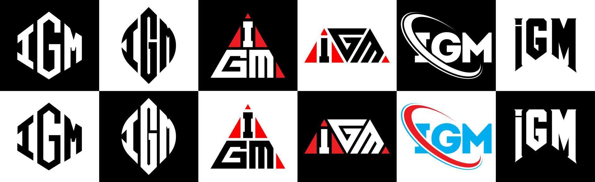 IGM letter logo design in six style. IGM polygon, circle, triangle, hexagon, flat and simple style with black and white color variation letter logo set in one artboard. IGM minimalist and classic logo vector