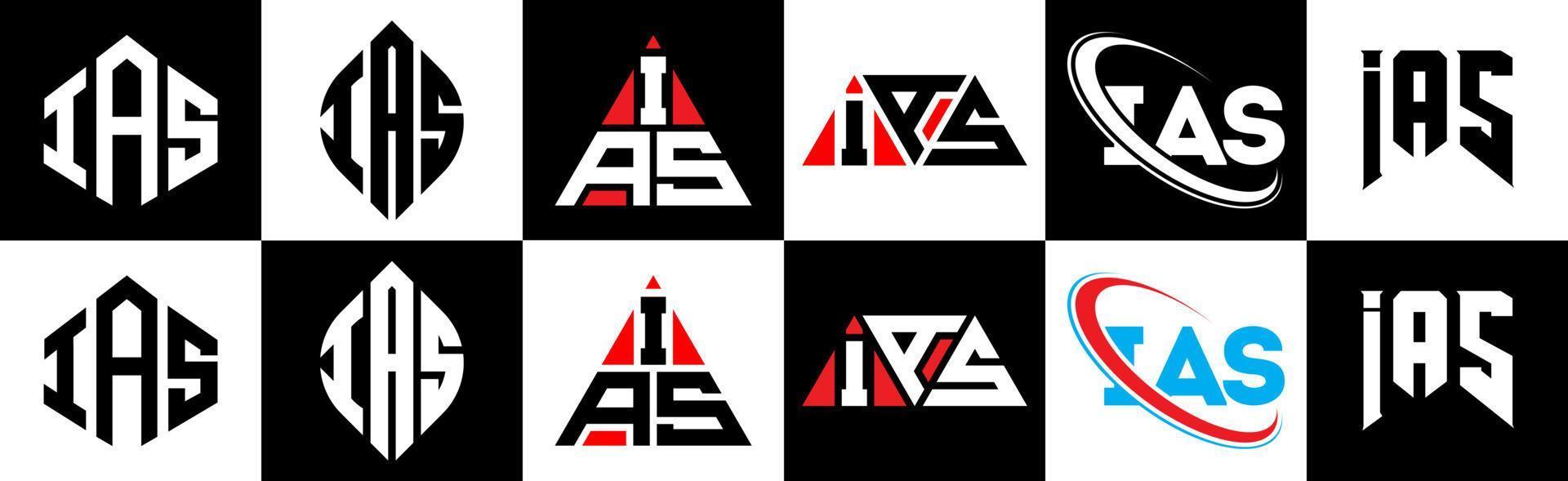 diseño del logotipo de la letra ias en seis estilos. ias polígono, círculo, triángulo, hexágono, estilo plano y simple con logotipo de letra de variación de color blanco y negro en una mesa de trabajo. logotipo minimalista y clásico de ias vector