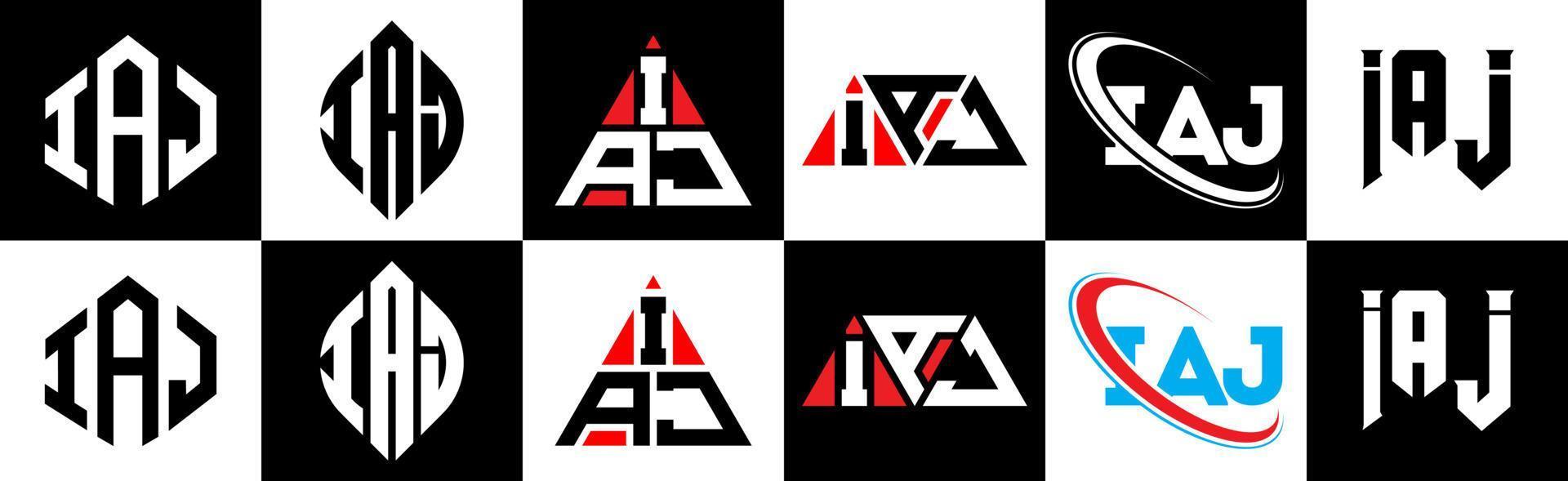 IAJ letter logo design in six style. IAJ polygon, circle, triangle, hexagon, flat and simple style with black and white color variation letter logo set in one artboard. IAJ minimalist and classic logo vector
