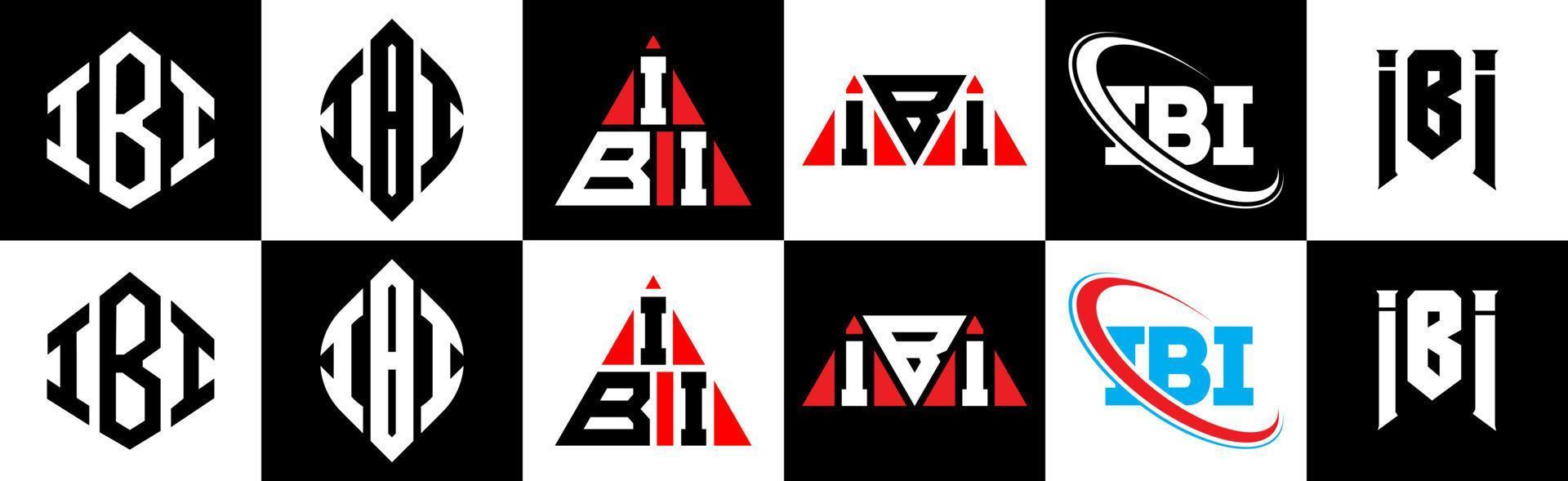 Diseño de logotipo de letra ibi en seis estilos. ibi polígono, círculo, triángulo, hexágono, estilo plano y simple con logotipo de letra de variación de color blanco y negro en una mesa de trabajo. logotipo minimalista y clásico de ibi vector