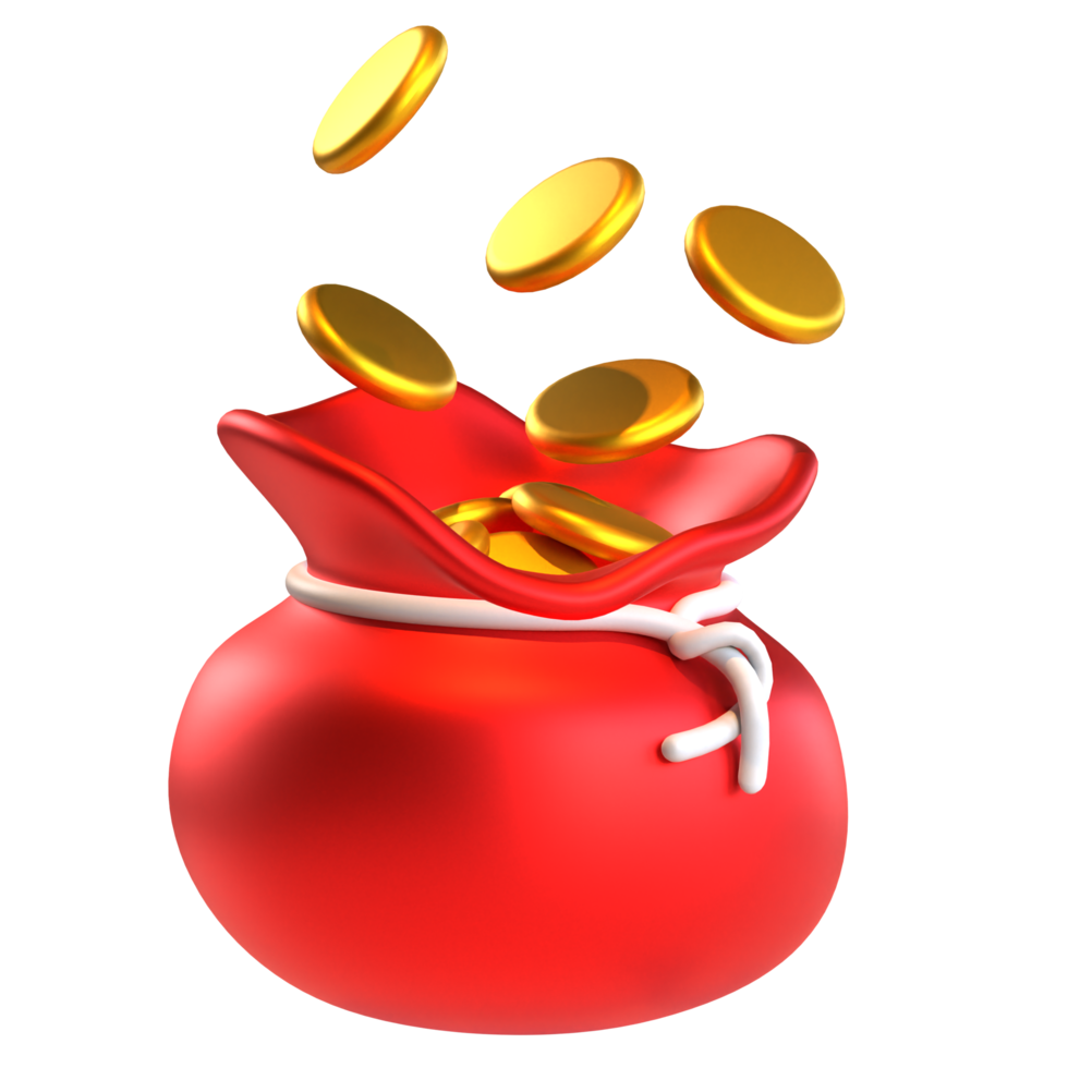 Chinese new year icon gold coins bag 3D render png