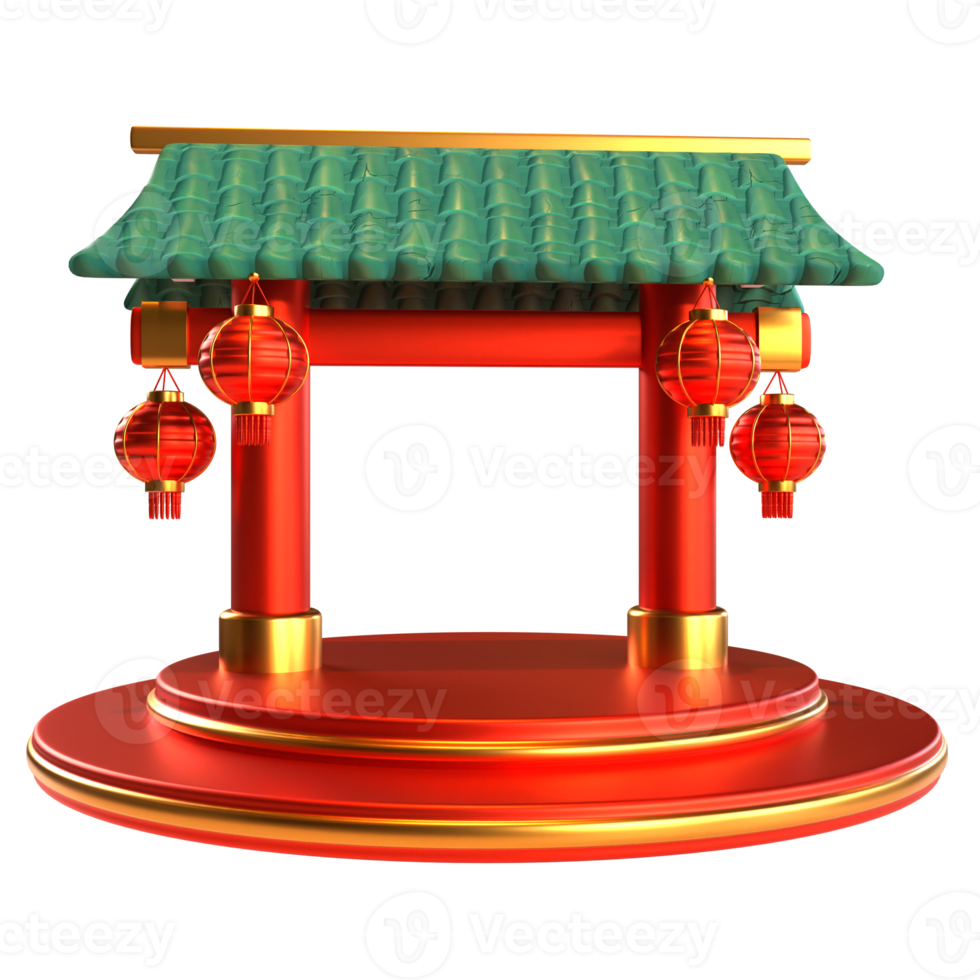 Chinese new year icon temple gate podium with lantern 3D render png