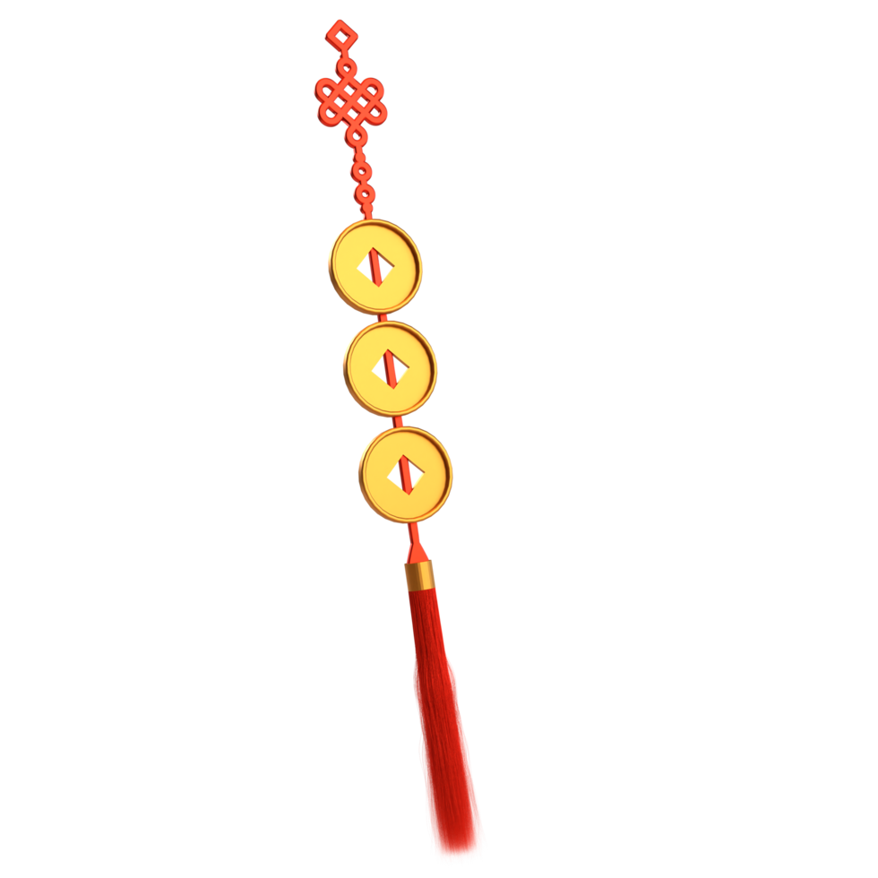 Chinese new year icon hanging gold coins with chinese ornament 3D render png