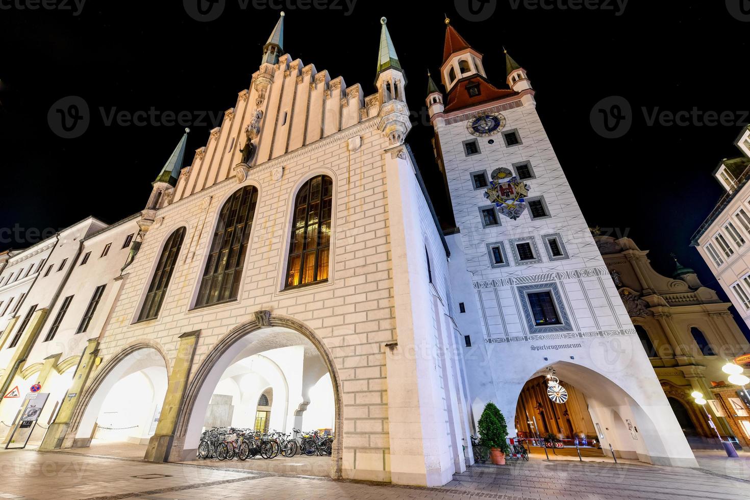 Munich Old Town Hall near Marienplatz town square at night in Munich, Germany. photo