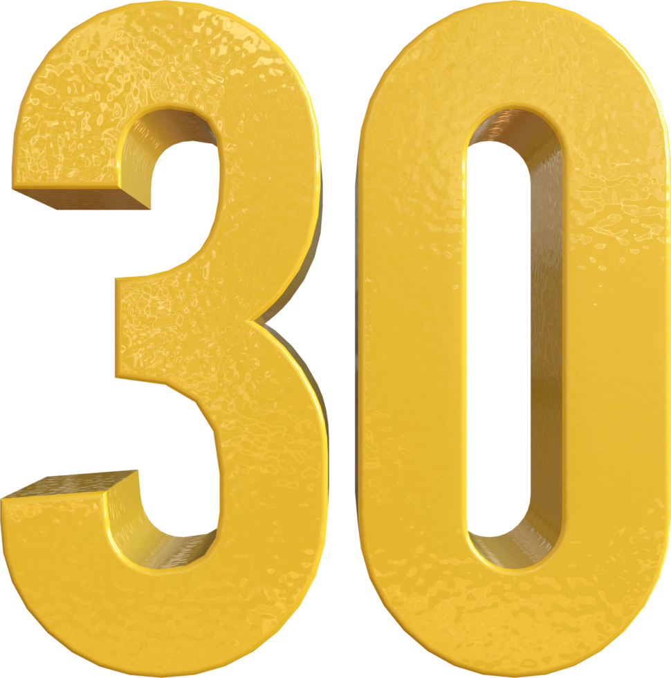 Number 30 Yellow Metal Paint 3D Render png