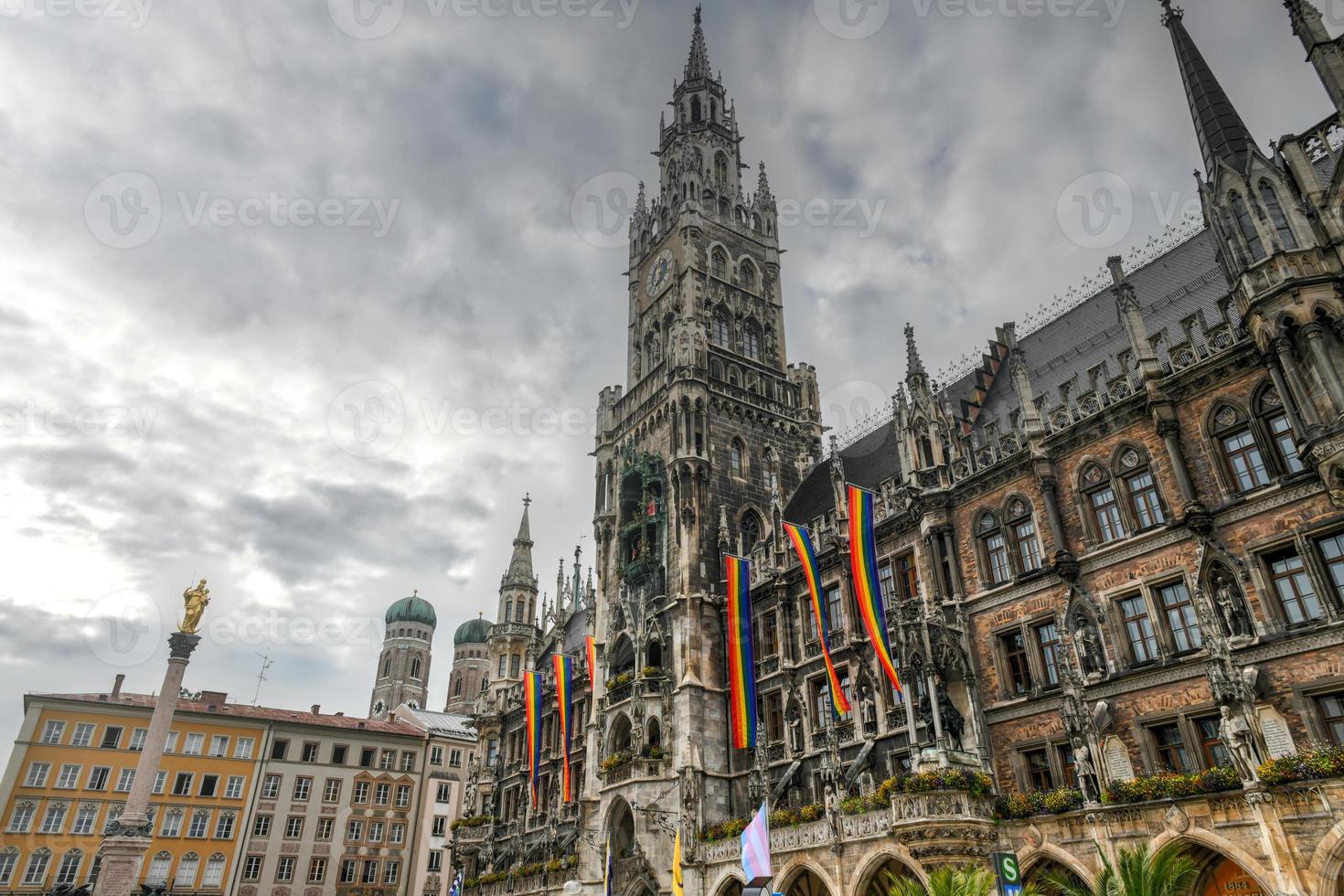 Munich, Germany - July 5, 2021 -  Tower of the City Hall at the Marienplatz in Munich, Germany. photo