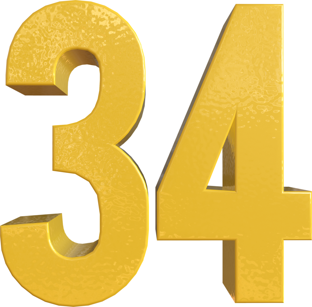 número 34 pintura de metal amarelo renderização 3d png