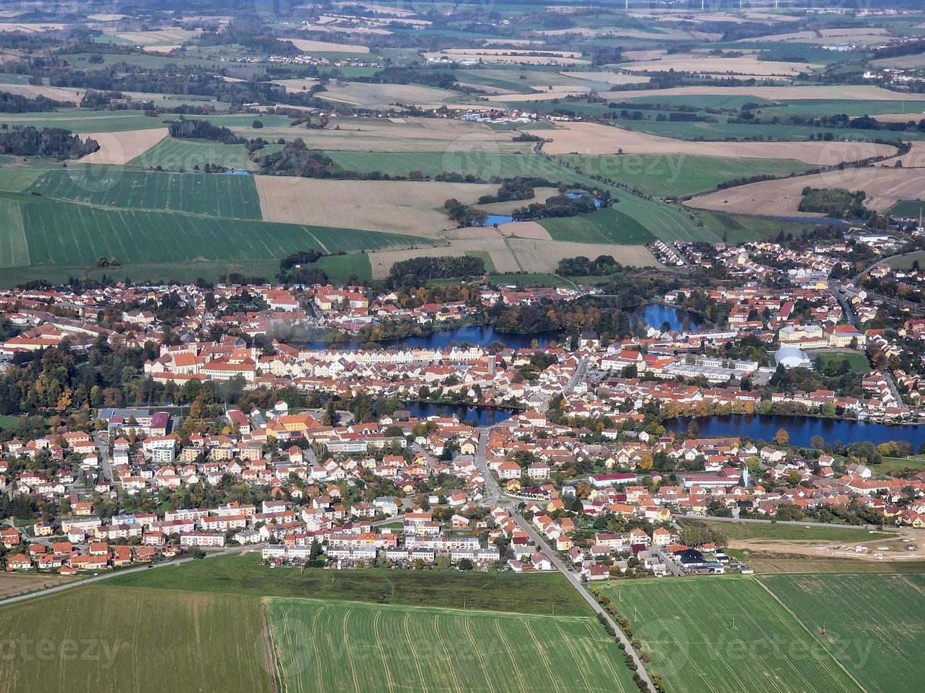 Telc, view on old town UNESCO world heritage site, Czech republic. Aerial footage. photo