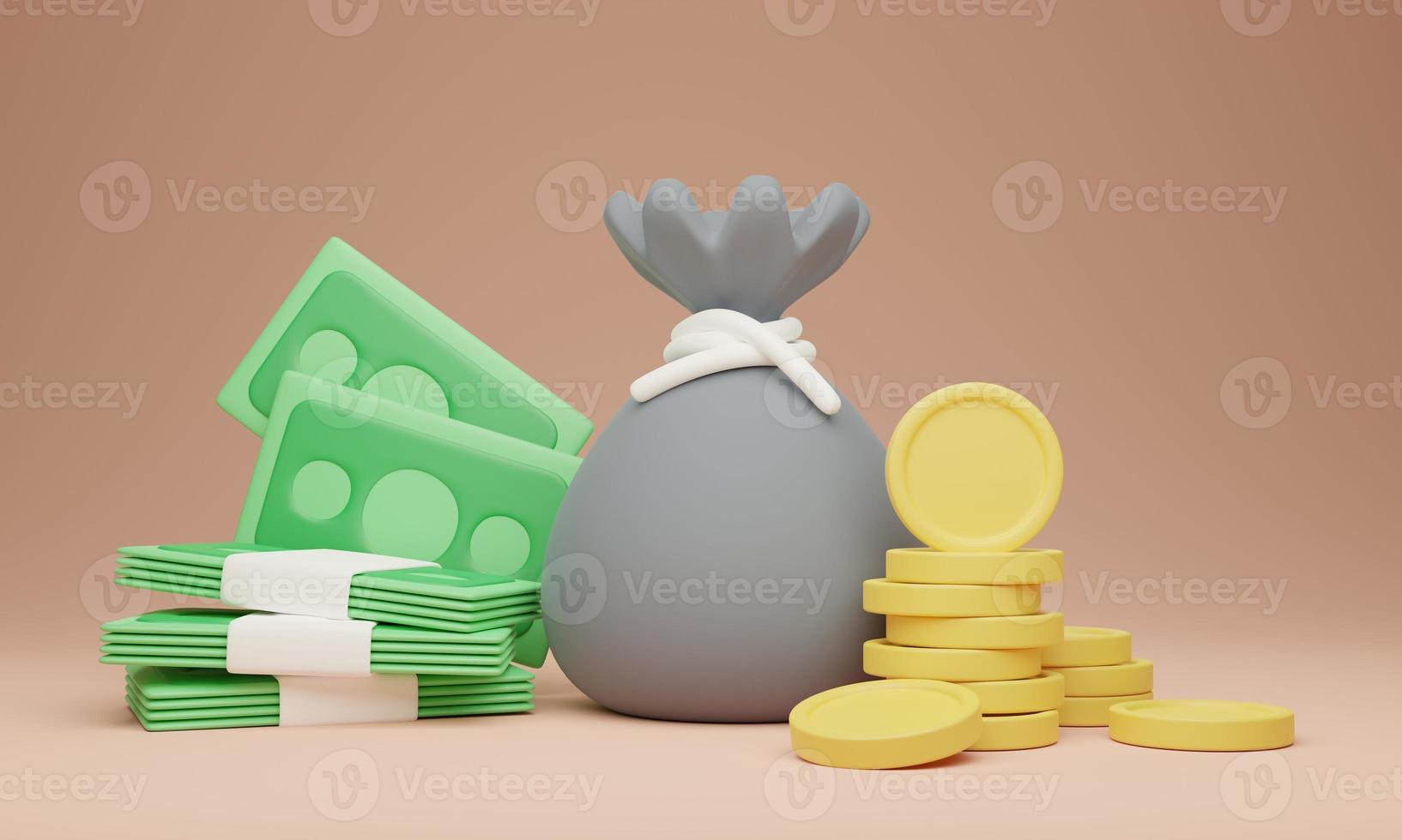 bolsa de dinero, pila de efectivo y monedas, concepto de ilustración 3d foto