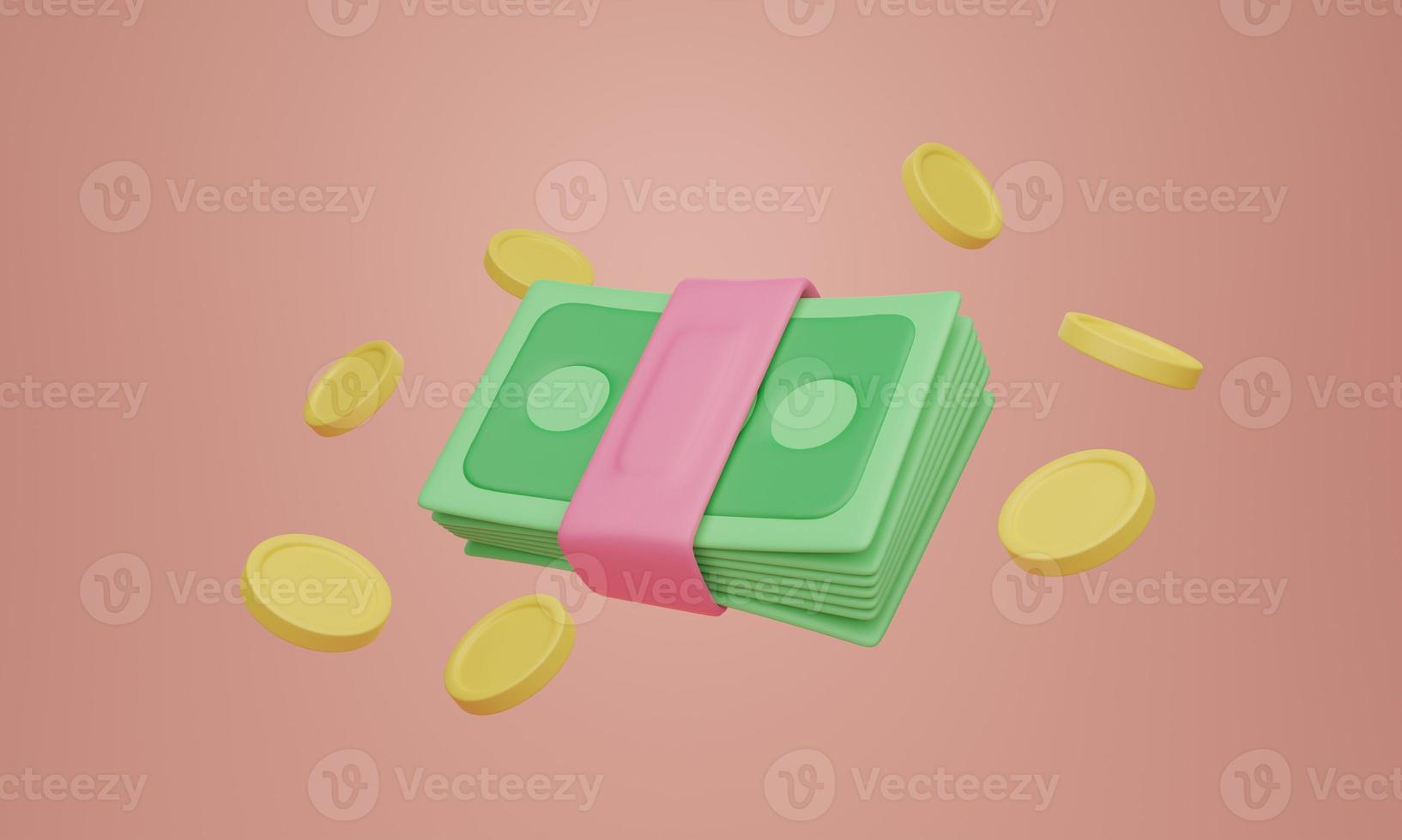 Money stack between floating coins, 3D illustration concept photo