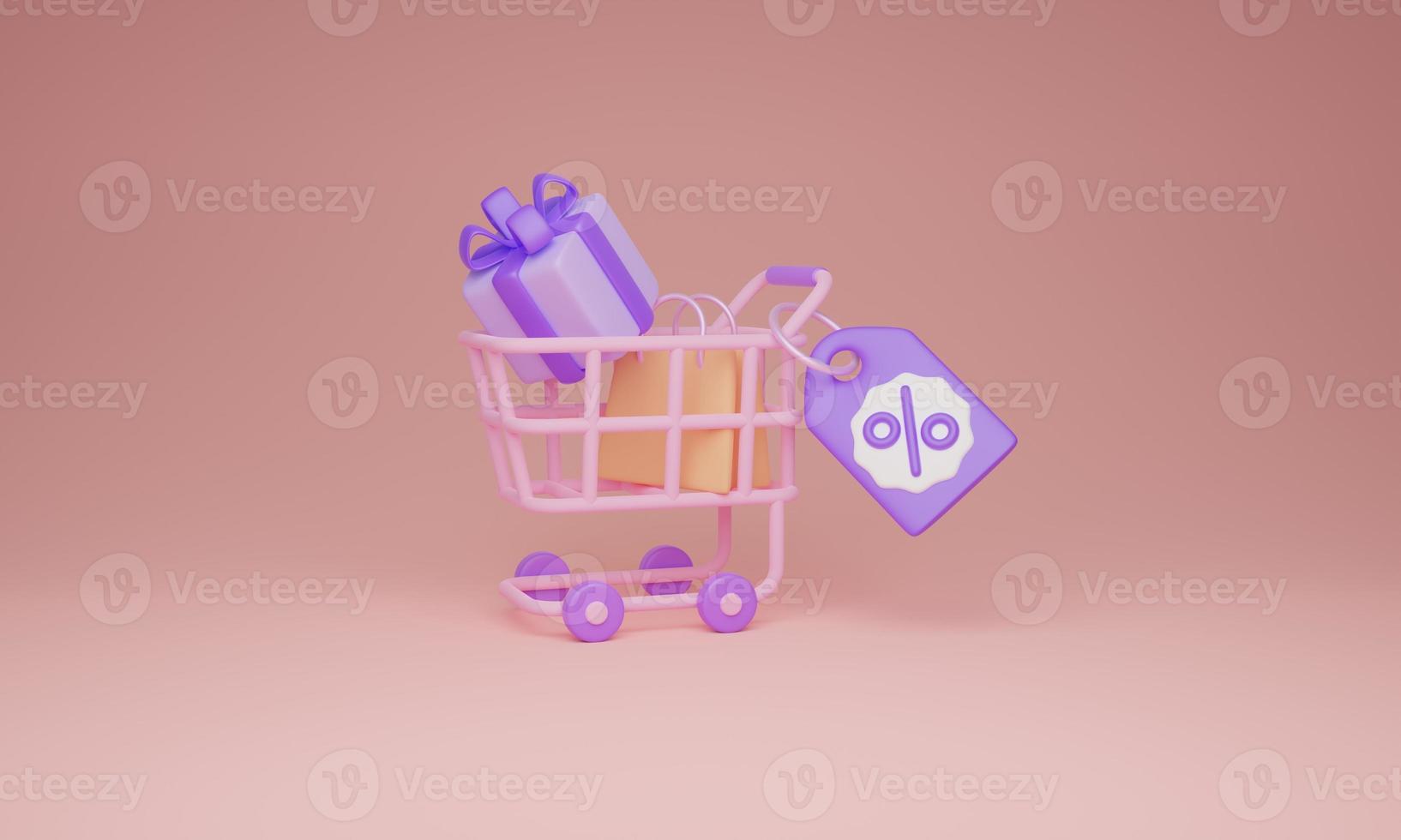 promoción de venta de carrito de compras con etiqueta de descuento y presente, concepto de ilustración 3d. foto