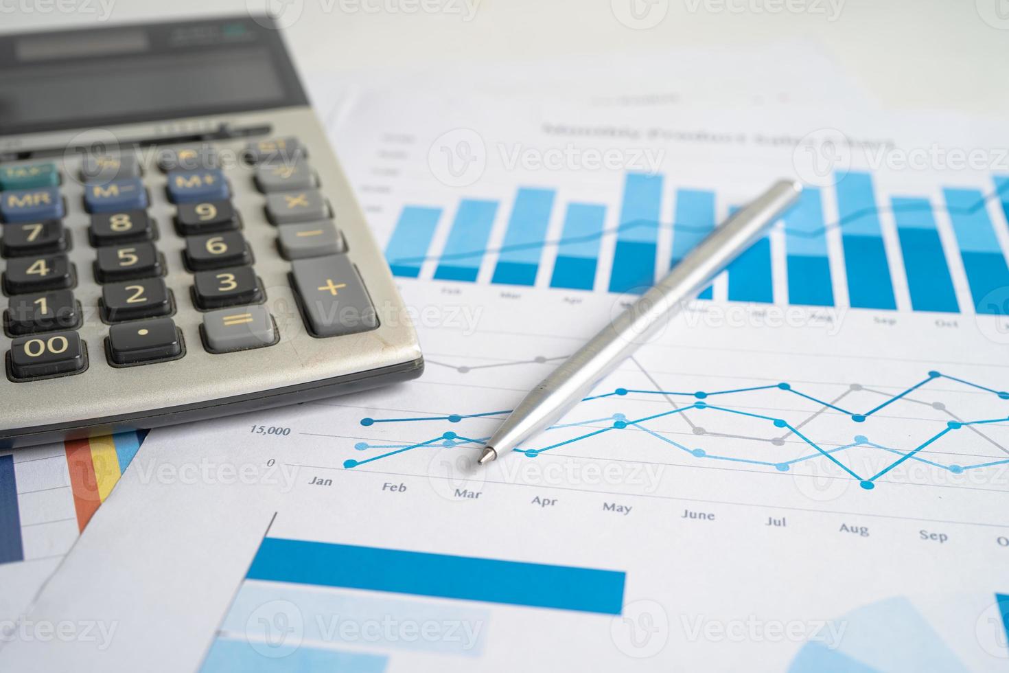 Calculator on chart and graph spreadsheet paper. Finance development, Banking Account, Statistics, Investment Analytic research data economy, Stock exchange trading, Business company concept. photo