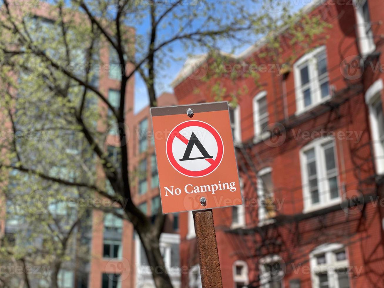 No Camping Sign in a park in Washington, DC in the spring. photo