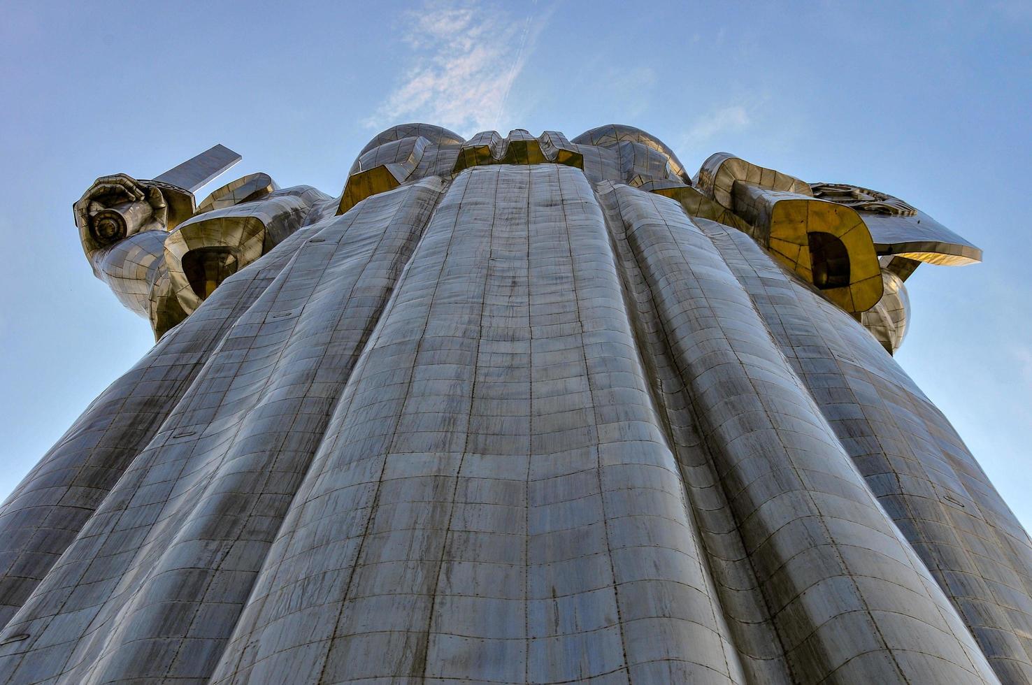 Motherland monument in Kiev, Ukraine, 2022. The stainless steel statue