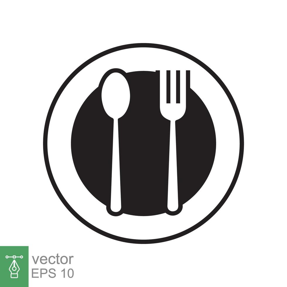 Spoon and fork on a plate icon. Simple flat style. Kitchen utensil, cutlery, silverware, culinary, food concept, silhouette symbol. Vector illustration isolated on white background. EPS 10.