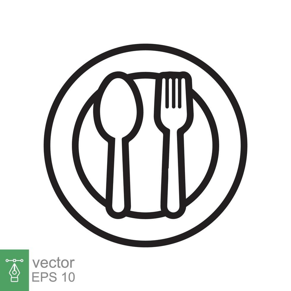 Spoon and fork on a plate icon. Simple outline style. Kitchen utensil, cutlery, silverware, culinary, food concept, line symbol. Vector illustration isolated on white background. EPS 10.