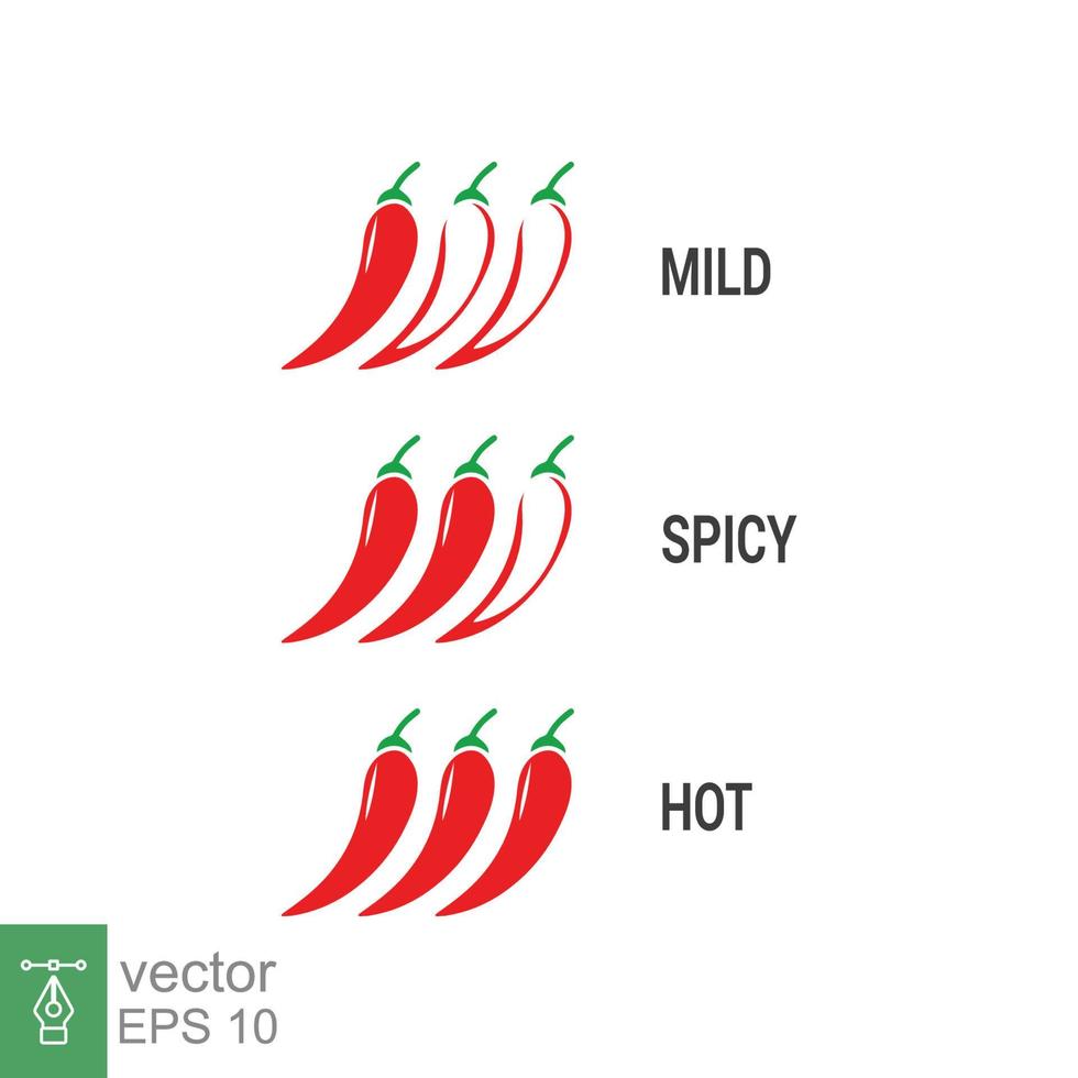 Spicy chili icon. Red spicy chili pepper level labels. Spicy food mild and extra hot sauce. Vector illustration design isolated on white background. EPS 10.