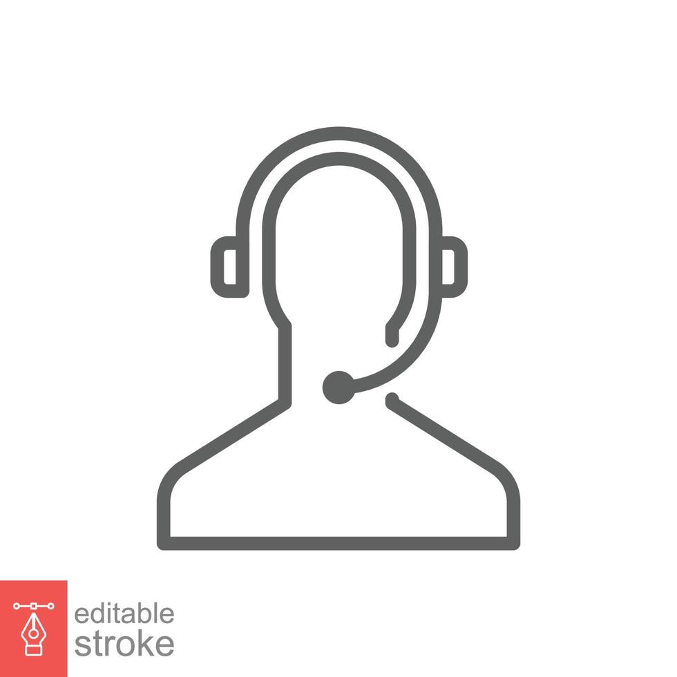 Telemarketer icon. Simple outline style. Call center operator with headset, customer service, telemarketing concept. Thin line, linear symbol. Vector illustration isolated. Editable stroke EPS 10.