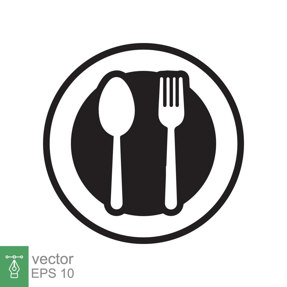 Spoon and fork on a plate icon. Simple flat style. Kitchen utensil, cutlery, silverware, culinary, food concept, silhouette symbol. Vector illustration isolated on white background. EPS 10.