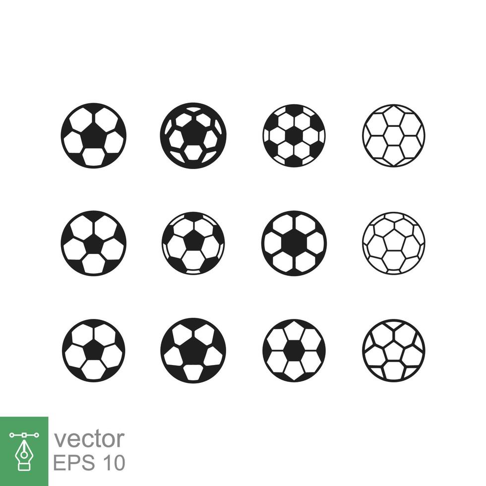 Soccer ball icon set. Simple flat style. Football, black round ball, pentagon pattern, circle, hexagon, sport concept. Vector illustration collection isolated on white background. EPS 10.