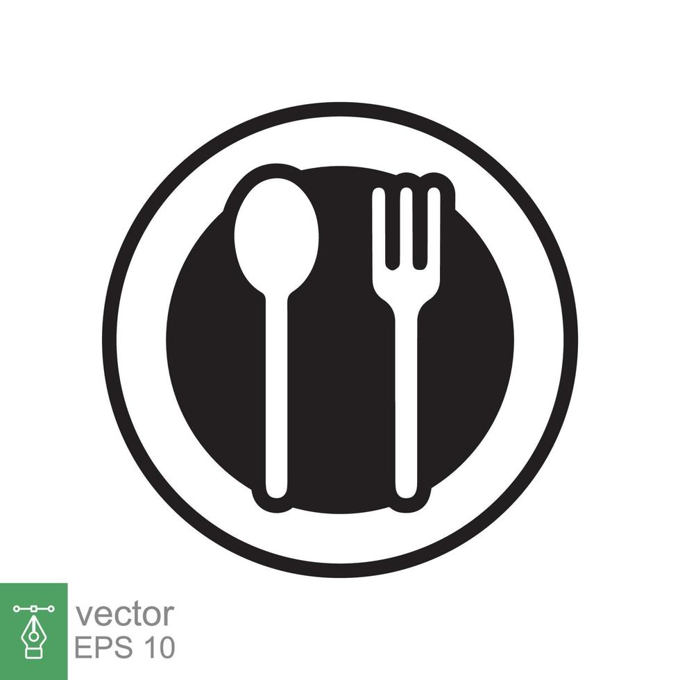 Spoon and fork on a plate icon. Simple flat style. Kitchen utensil, cutlery, silverware, culinary, food concept, silhouette symbol. Vector illustration isolated on white background. EPS 10.