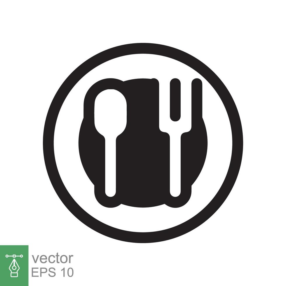 Spoon and fork on a plate icon. Simple flat style. Kitchen utensil, cutlery, silverware, culinary, food concept, silhouette symbol. Vector illustration isolated on white background. EPS 10.