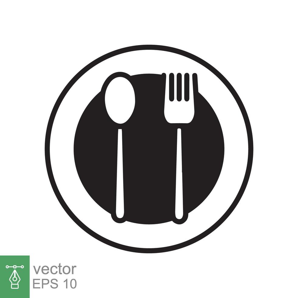 Spoon and fork on a plate icon. Simple flat style. Kitchen utensil, cutlery, silverware, culinary, food concept, silhouette symbol. Vector illustration isolated on white background. EPS 10.