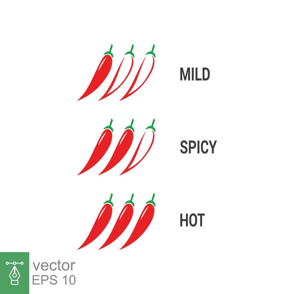 Spicy chili icon. Red spicy chili pepper level labels. Spicy food mild and extra hot sauce. Vector illustration design isolated on white background. EPS 10.