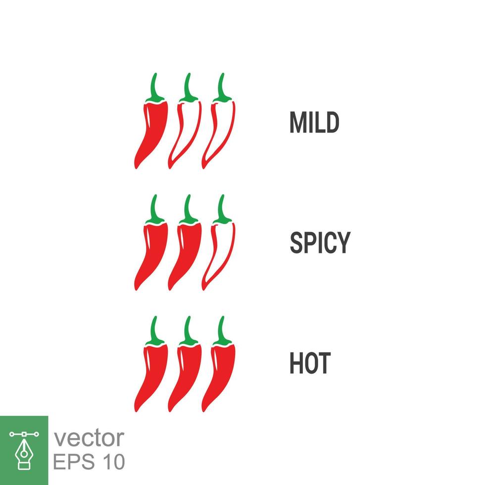 Spicy chili icon. Red spicy chili pepper level labels. Spicy food mild and extra hot sauce. Vector illustration design isolated on white background. EPS 10.