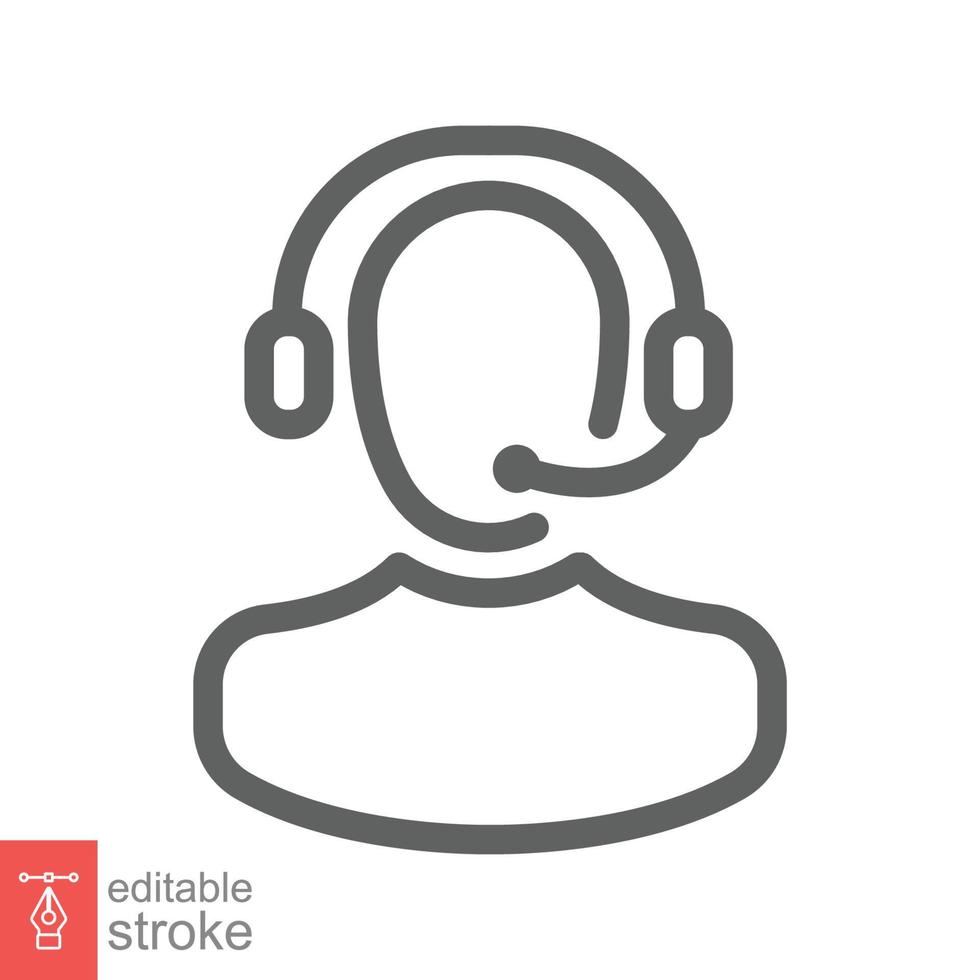 Telemarketer icon. Simple outline style. Call center operator with headset, customer service, telemarketing concept. Thin line, linear symbol. Vector illustration isolated. Editable stroke EPS 10.