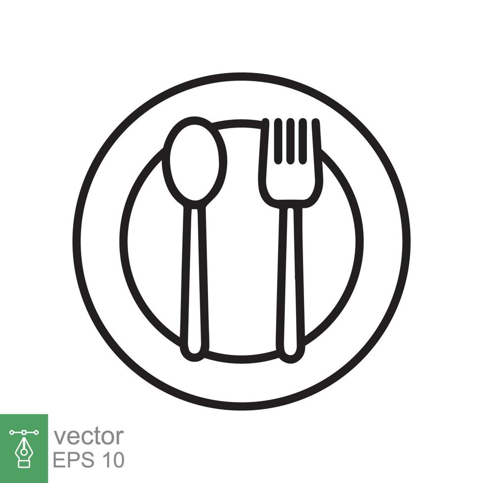 Spoon and fork on a plate icon. Simple outline style. Kitchen utensil, cutlery, silverware, culinary, food concept, line symbol. Vector illustration isolated on white background. EPS 10.