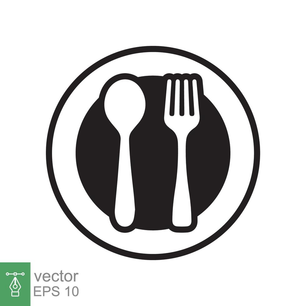 Spoon and fork on a plate icon. Simple flat style. Kitchen utensil, cutlery, silverware, culinary, food concept, silhouette symbol. Vector illustration isolated on white background. EPS 10.