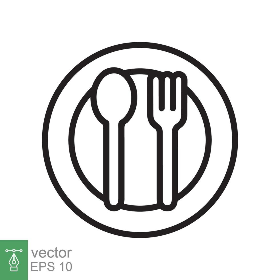 Spoon and fork on a plate icon. Simple outline style. Kitchen utensil, cutlery, silverware, culinary, food concept, line symbol. Vector illustration isolated on white background. EPS 10.