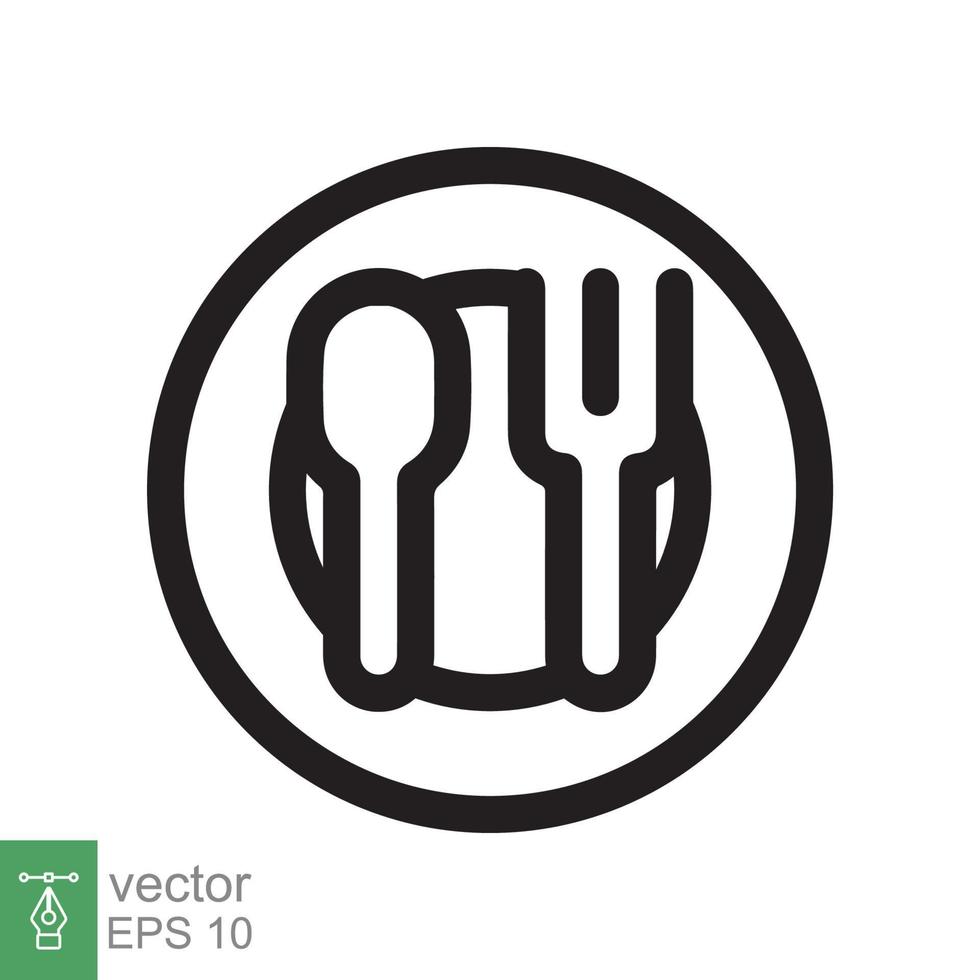 cuchara y tenedor en un icono de plato. estilo de esquema simple. utensilio de cocina, cubiertos, cubiertos, culinaria, concepto de comida, símbolo de línea. ilustración vectorial aislado sobre fondo blanco. eps 10. vector