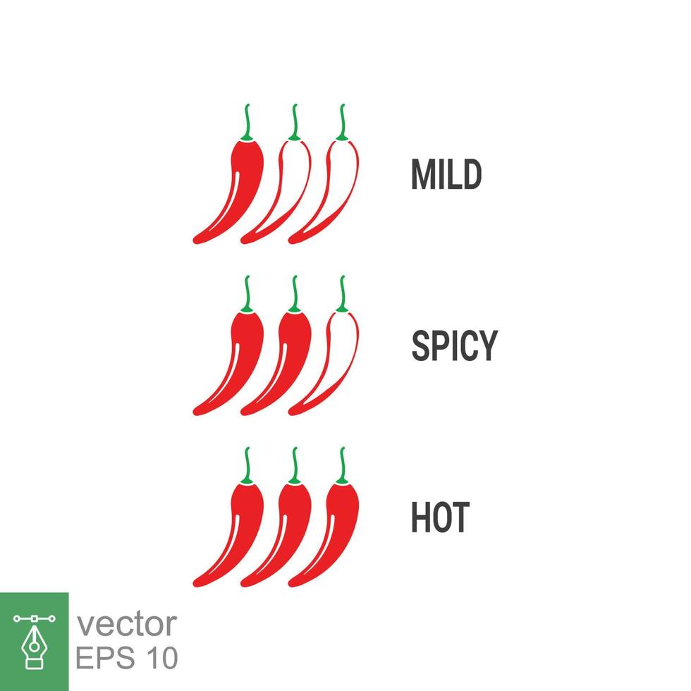 Spicy chili icon. Red spicy chili pepper level labels. Spicy food mild and extra hot sauce. Vector illustration design isolated on white background. EPS 10.