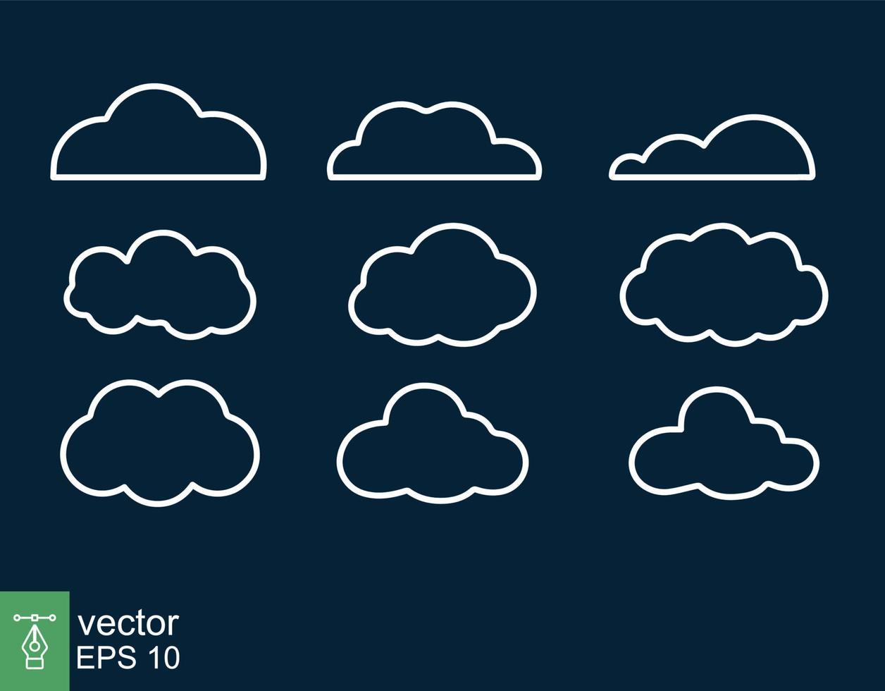 nubes blancas sobre fondo oscuro. estilo de esquema simple. iconos de banner elementos de diseño vectorial, símbolo de línea. eps 10. vector