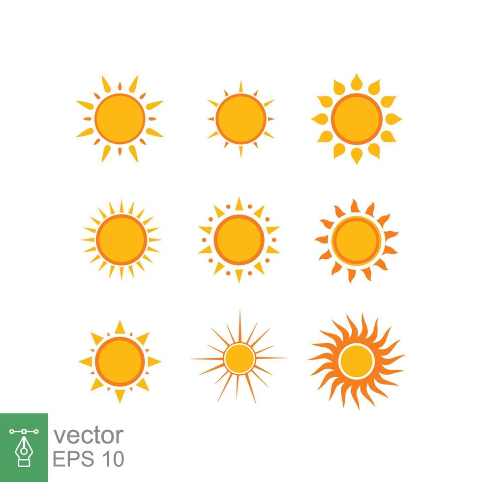 Sun icon set. Simple flat style. Sunshine, morning sunny, sunrise, sunlight, sky, summer concept. Yellow sun star icons collection. Vector Illustration design isolated on white background. EPS 10.