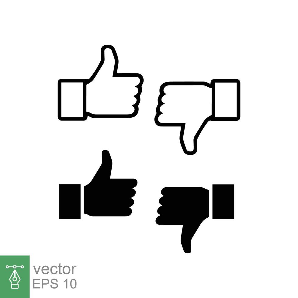 Thumbs up and thumbs down icon. Simple outline and solid style. Hand like and unlike silhouette sign, glyph, linear thin line symbol. Vector Illustration design isolated on white background. EPS 10.