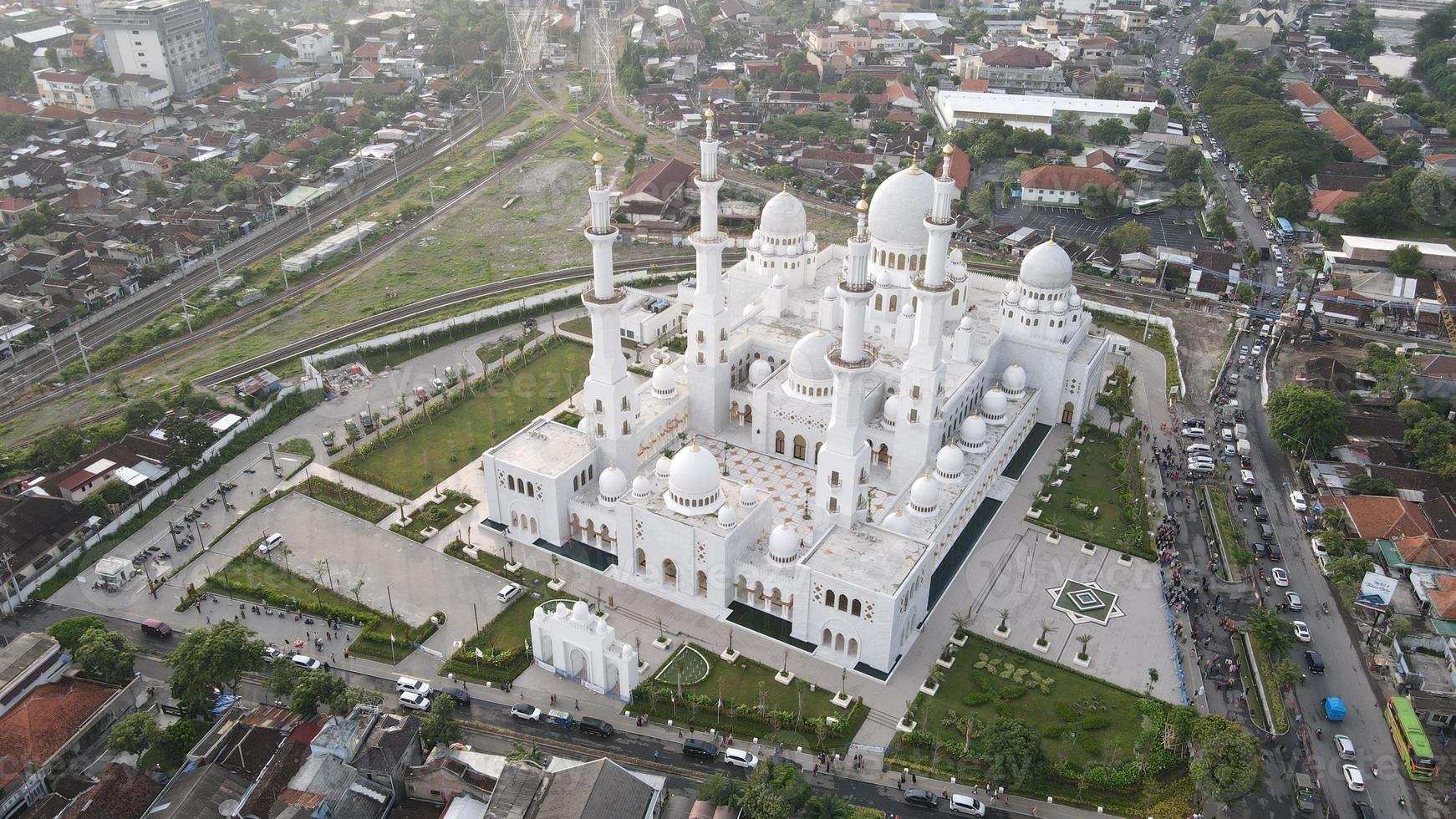 Aerial view in the evening, Sheikh Zayed Grand Mosque in Surakarta, Central Java, Indonesia. Very beautiful and majestic. photo