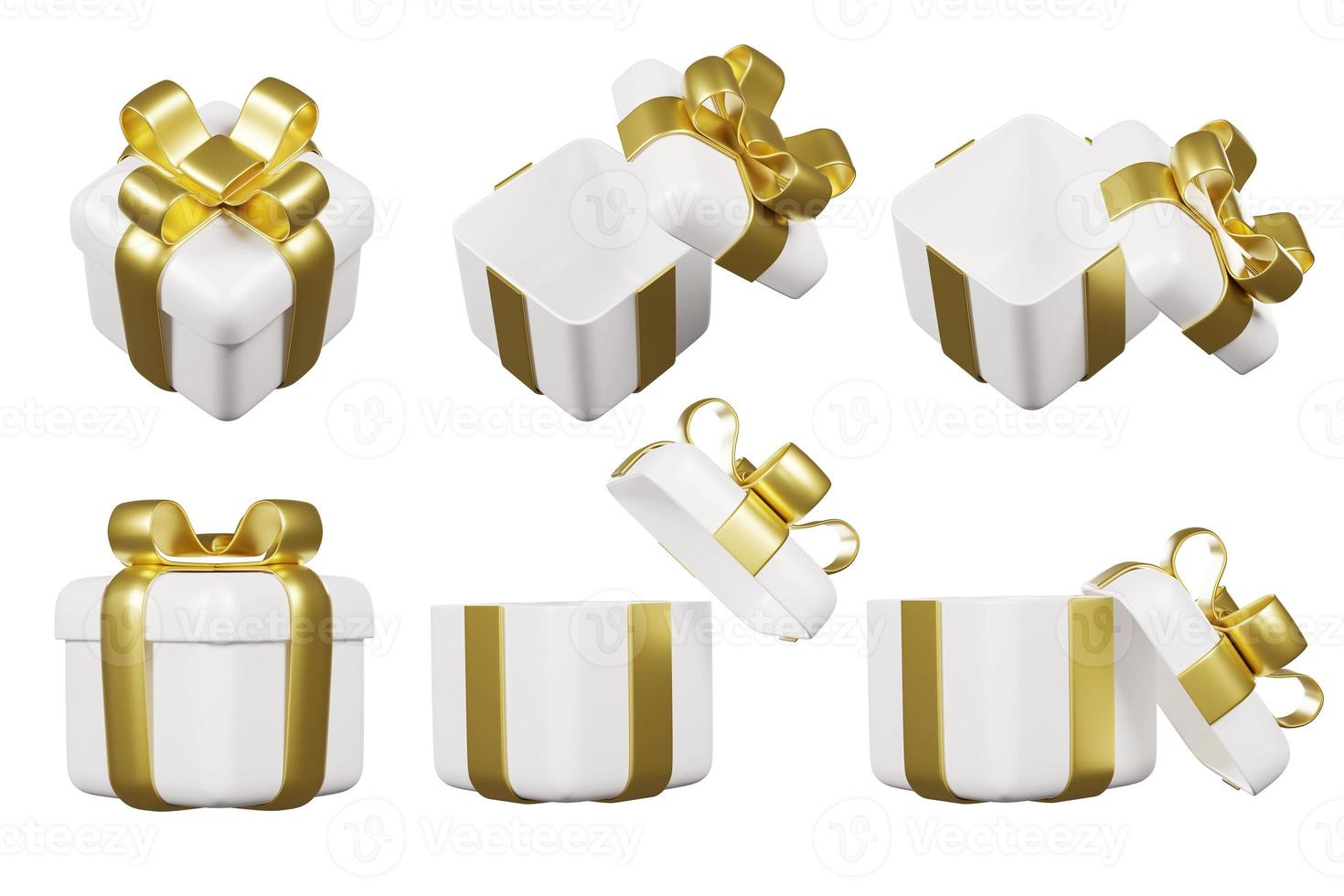 Ilustración 3d feliz navidad y próspero año nuevo aislado sobre fondo blanco. cajas de regalo blancas de lujo realistas. abrir caja de regalo foto