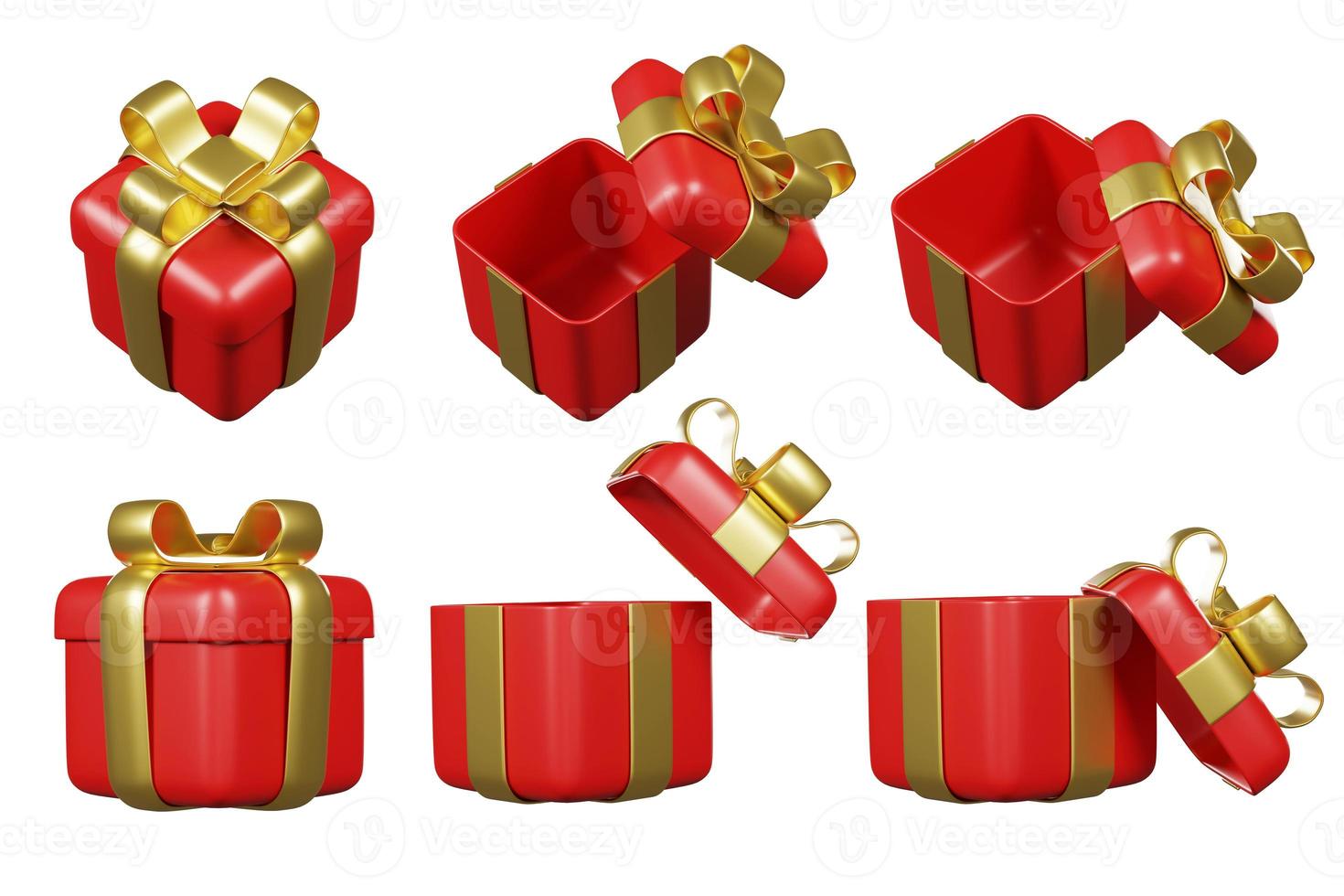 3d Illustration Merry Christmas and Happy New Year Isolated on White Background. Realistic Luxury Red Gifts Boxes. Open Gift Box photo