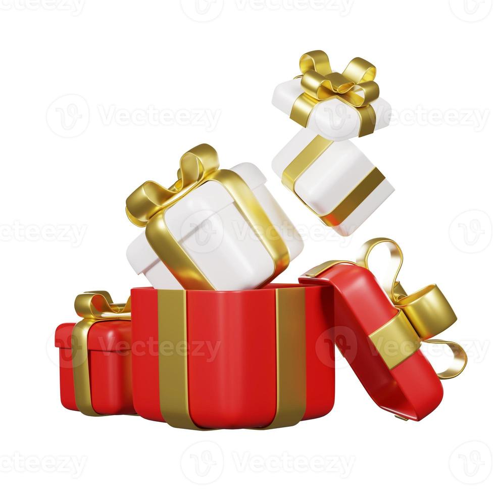 3d Illustration Merry Christmas and Happy New Year Isolated on White Background. Realistic Luxury Gifts Boxes. Open Gift Box Full with White Gift Box Inside photo