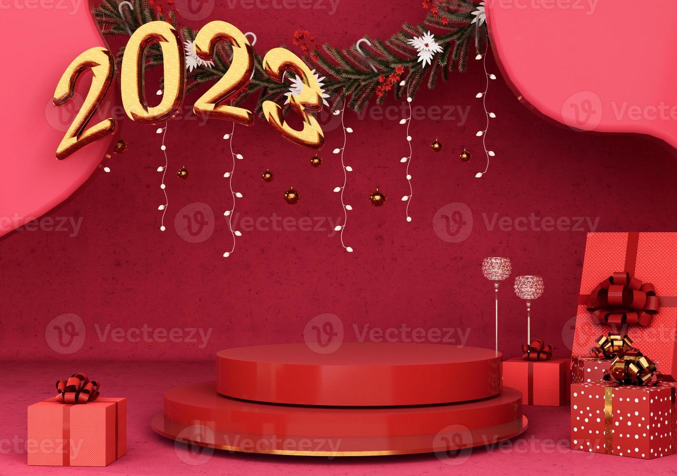 Happy new year 2023 text typography design with podium photo