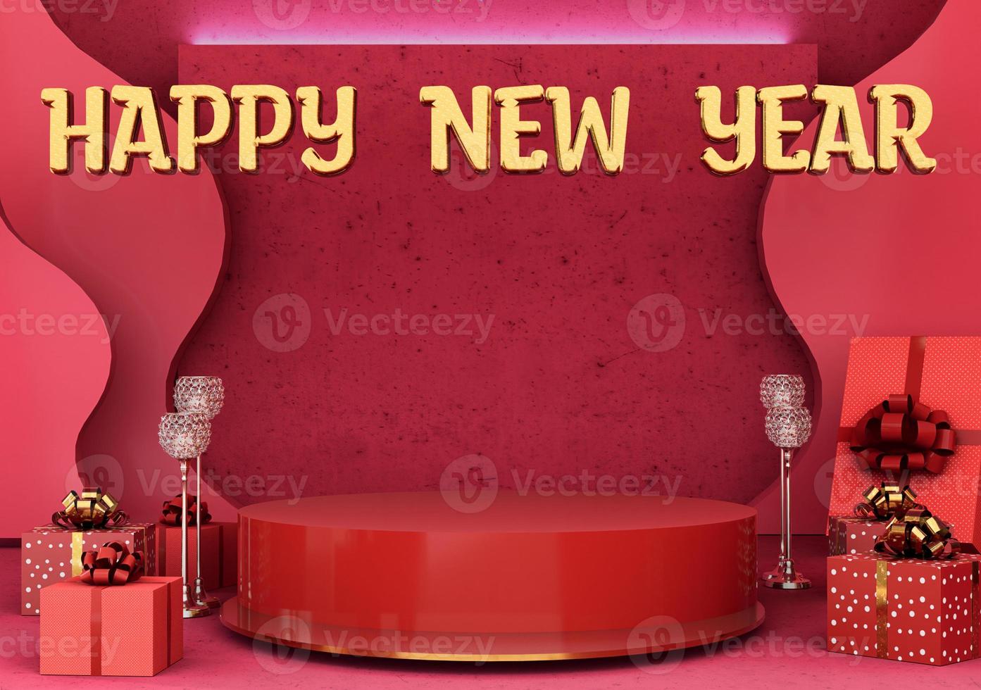 Happy New Year on Blank poduim of product stand with gift box photo