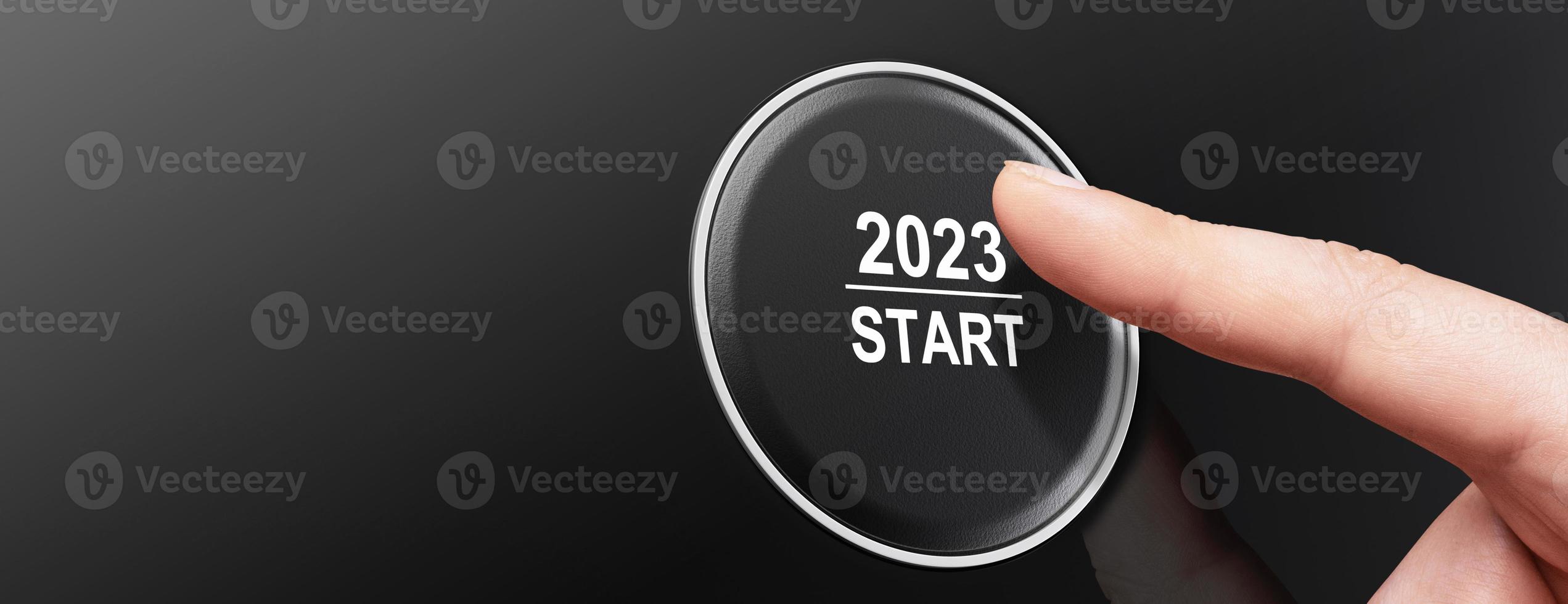 Start 2023. Happy New Year button. 3D illustration photo