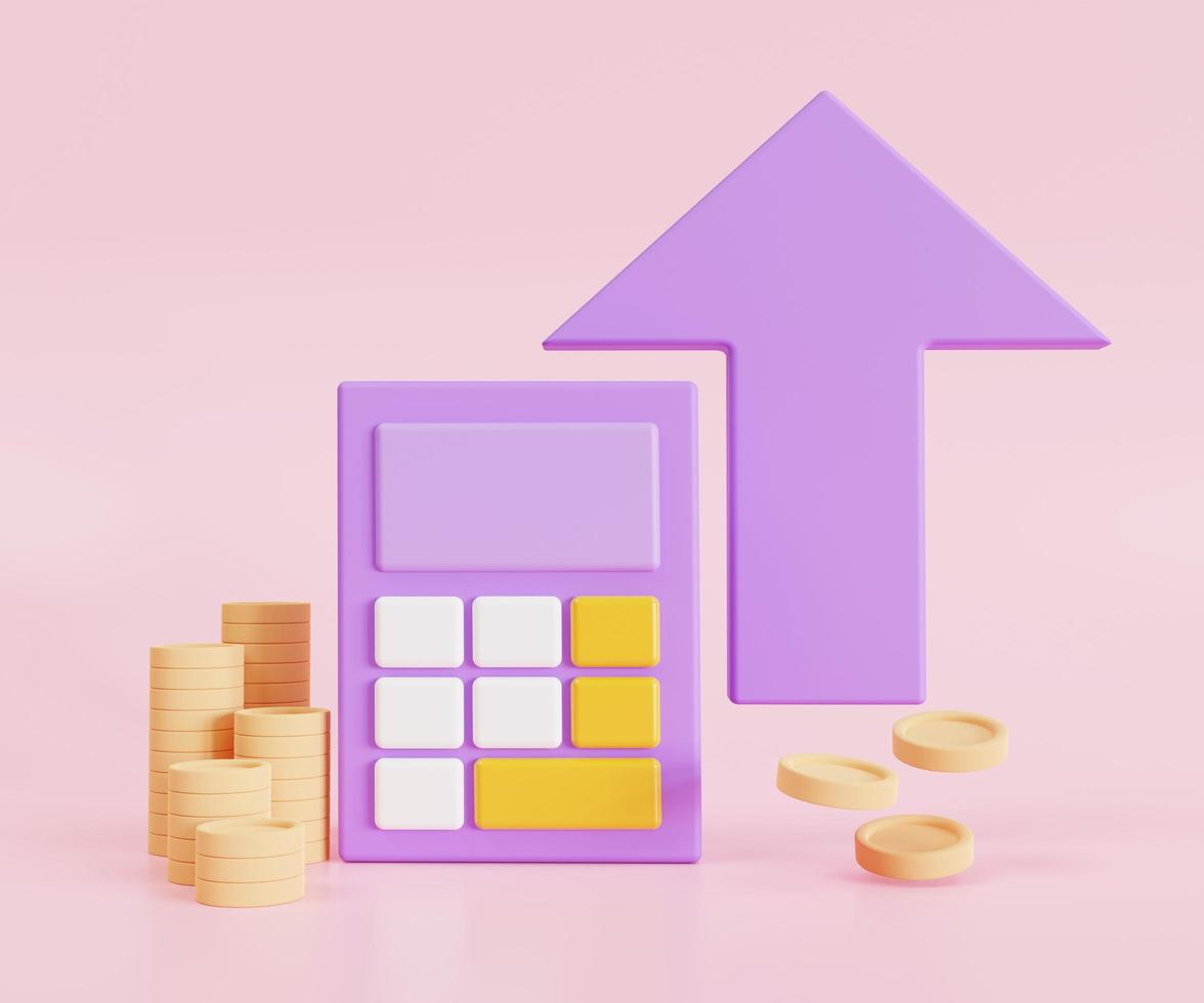 icono de calculadora con monedas de oro y flecha morada. concepto de gestión financiera. sobre fondo rosa. ilustración de renderizado 3d foto