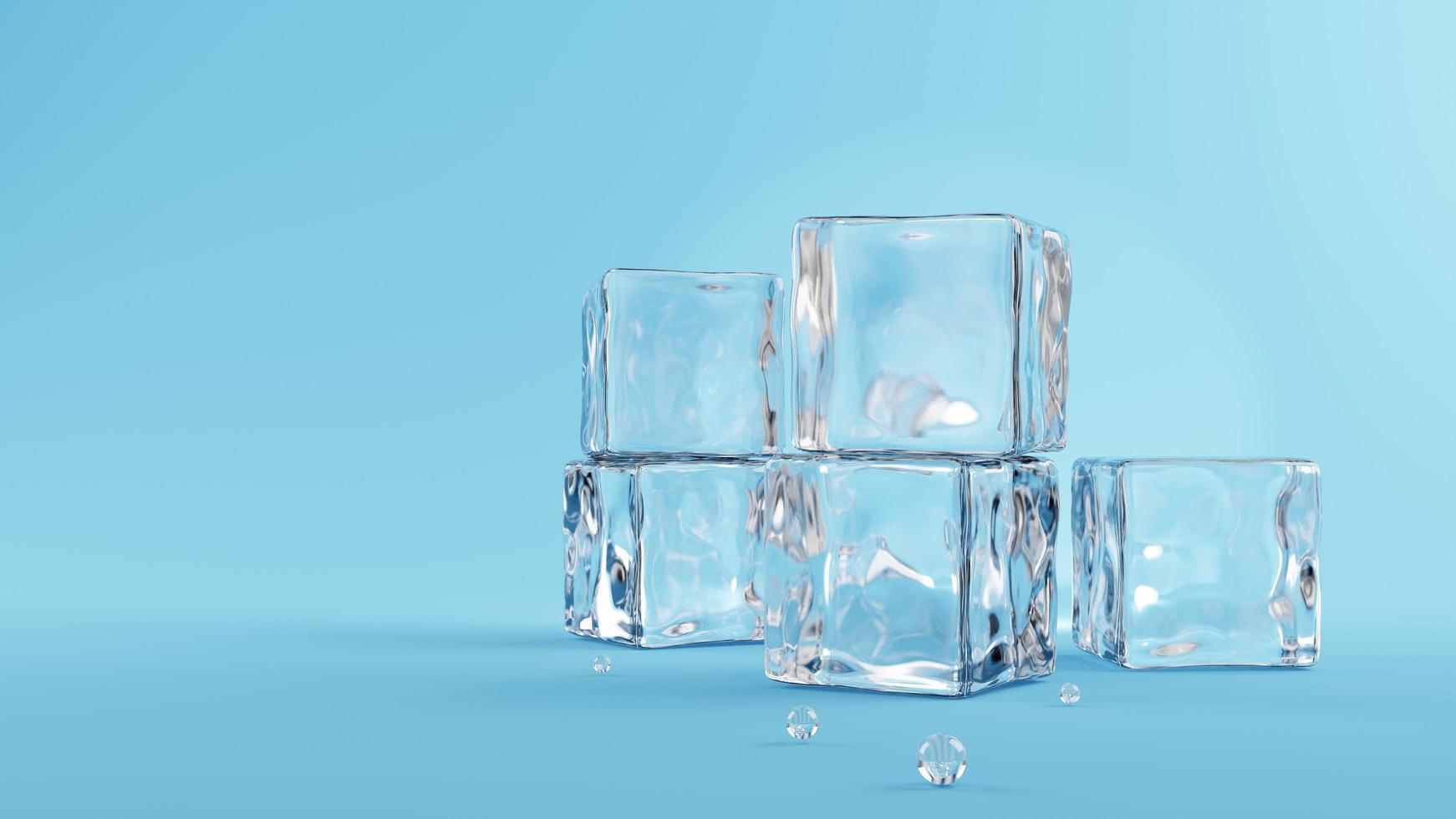 Ice cubes on blue Background, 3d rendering. photo