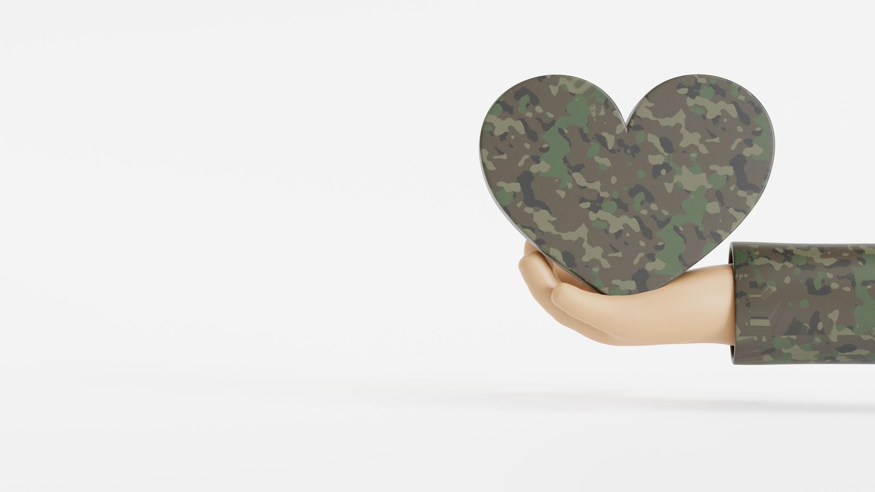 Soldier cartoon hand character holding heart. and white background. 3d illustration. photo