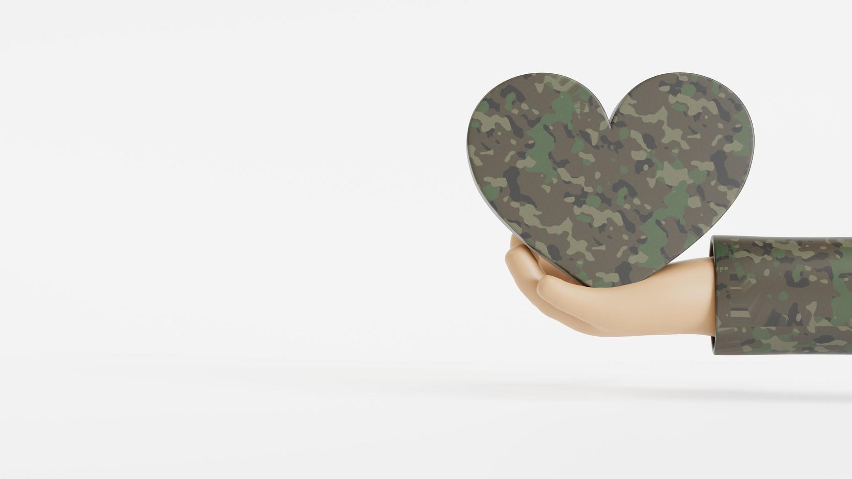 personaje de mano de dibujos animados de soldado con corazón. y fondo blanco. ilustración 3d foto